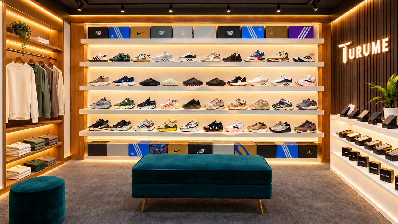 TURUME showroom with a clothing display, illuminated sneaker shelves, wallets and a teal seating area