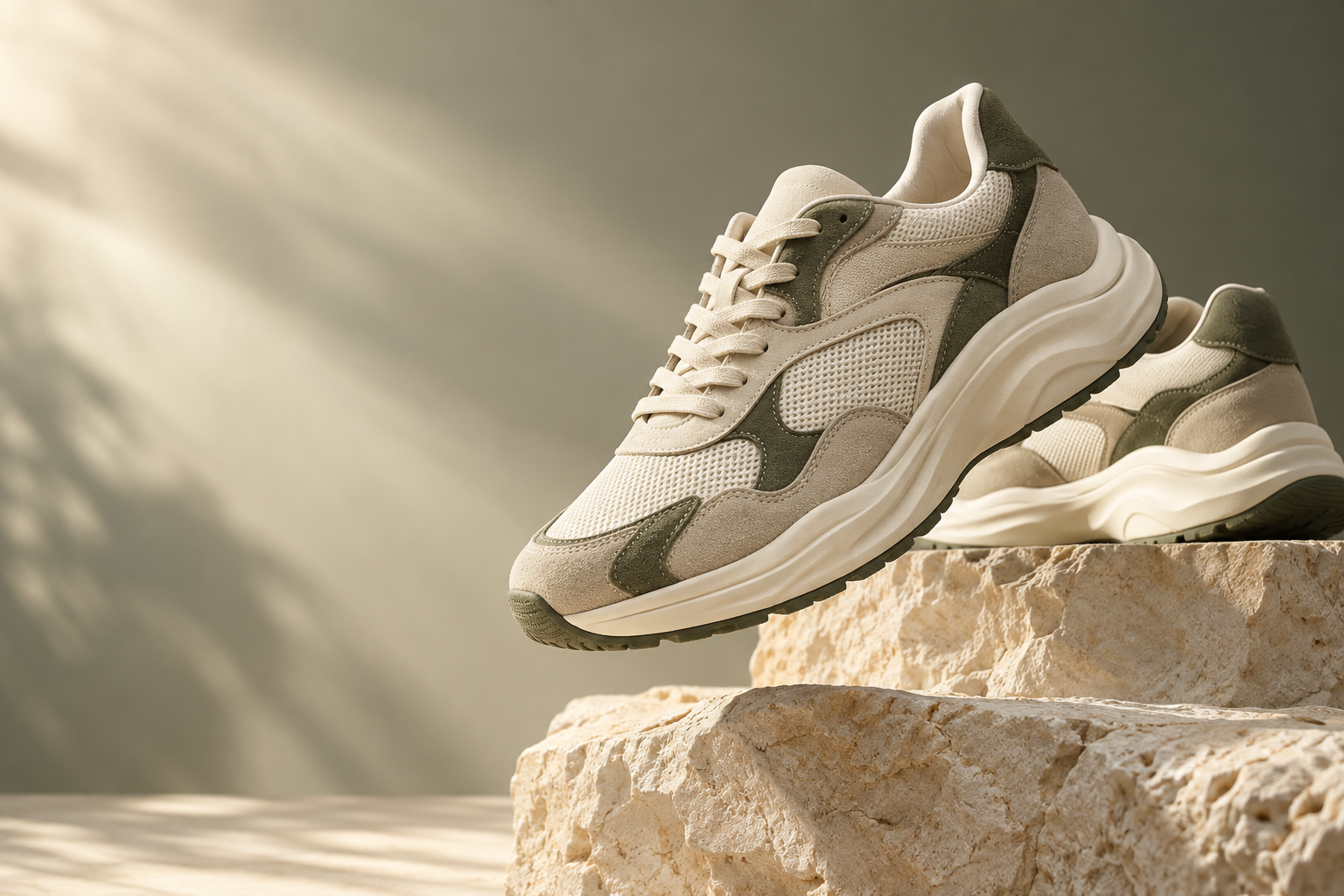 Cream and olive sneakers in a sculptural studio setting